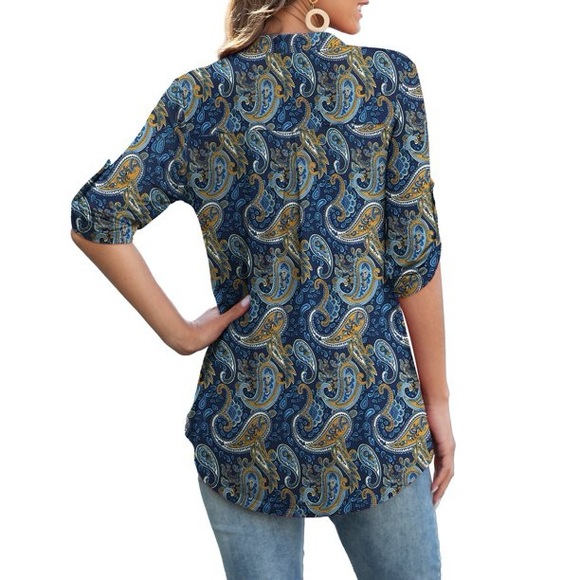 Women's Plus Size Tunic Tops 3/4 Roll Sleeve Notch V Neck Blouses Shirts - Picture 5 of 9
